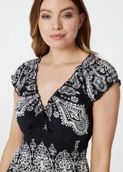 Izabel London Black Mosaic Print Cap Sleeve Maxi Dress