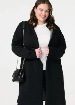Izabel London Black Open Front Hooded Longline Cardigan