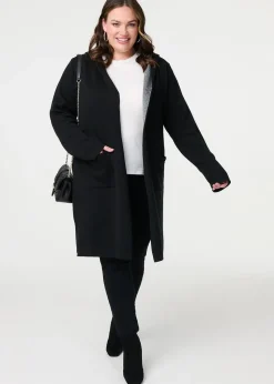 Izabel London Black Open Front Hooded Longline Cardigan