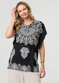 Izabel London Black Paisley Print Tie Waist Kimono Blouse Top