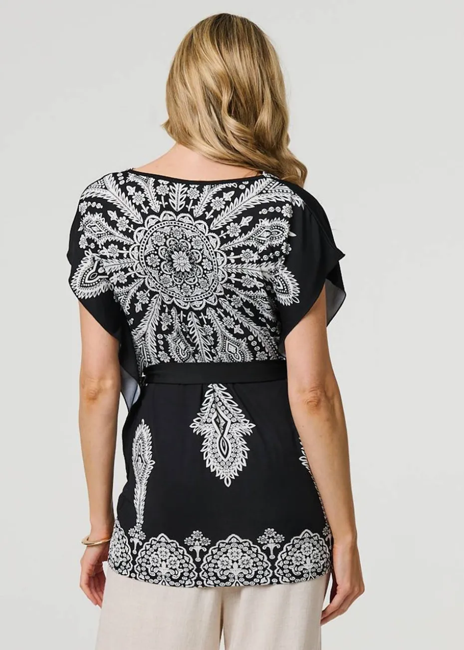 Izabel London Black Paisley Print Tie Waist Kimono Blouse Top