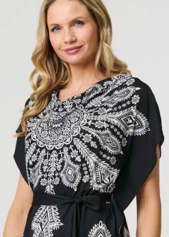 Izabel London Black Paisley Print Tie Waist Kimono Blouse Top