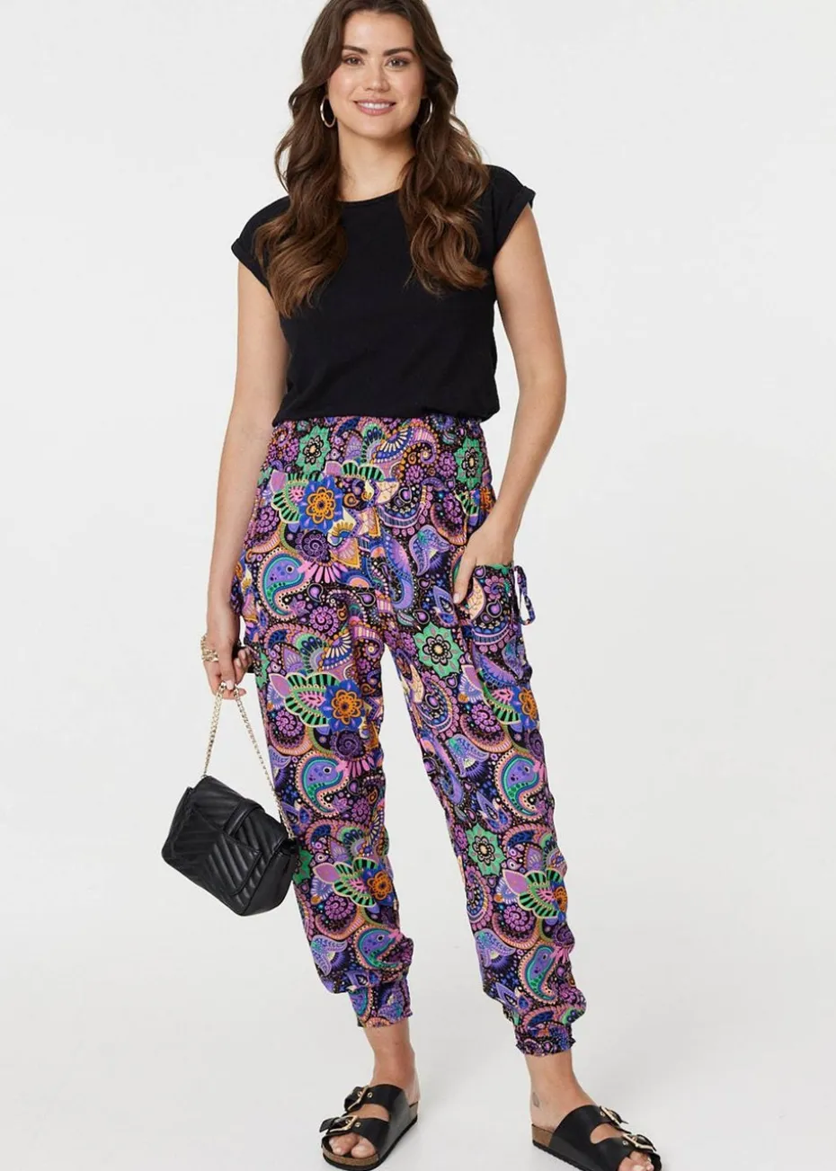 Izabel London Black Paisley Tassel Pocket Harem Pants