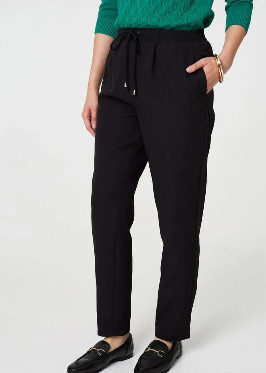 Izabel London Black Plain Drawstring Waist Slim Trousers