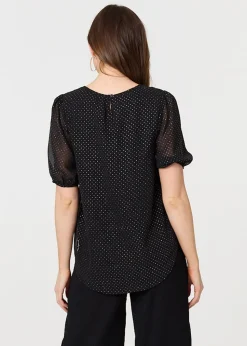 Izabel London Black Polka Dot Print Semi Sheer Blouse