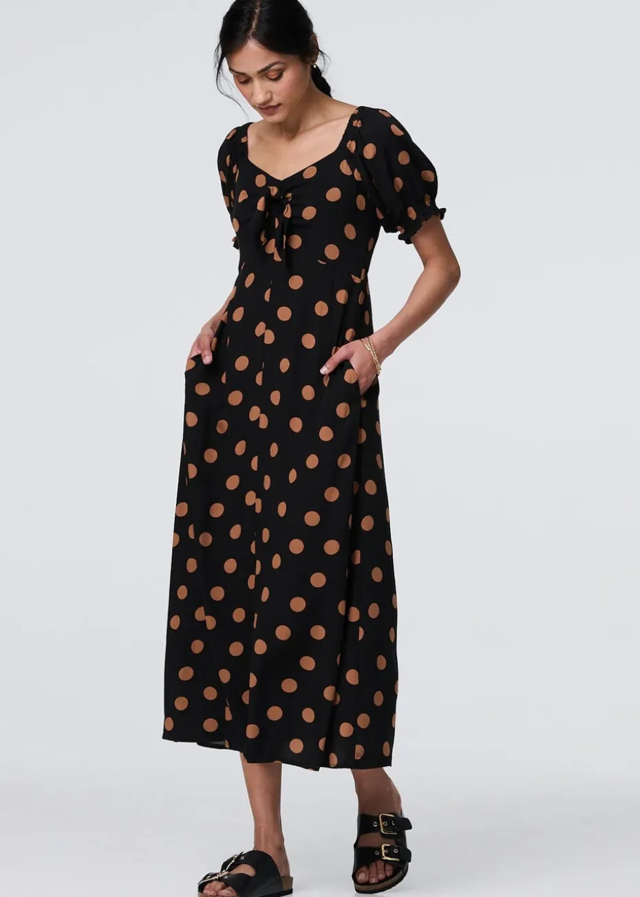 Izabel London Black Polka Dot Puff Sleeve Midi Dress