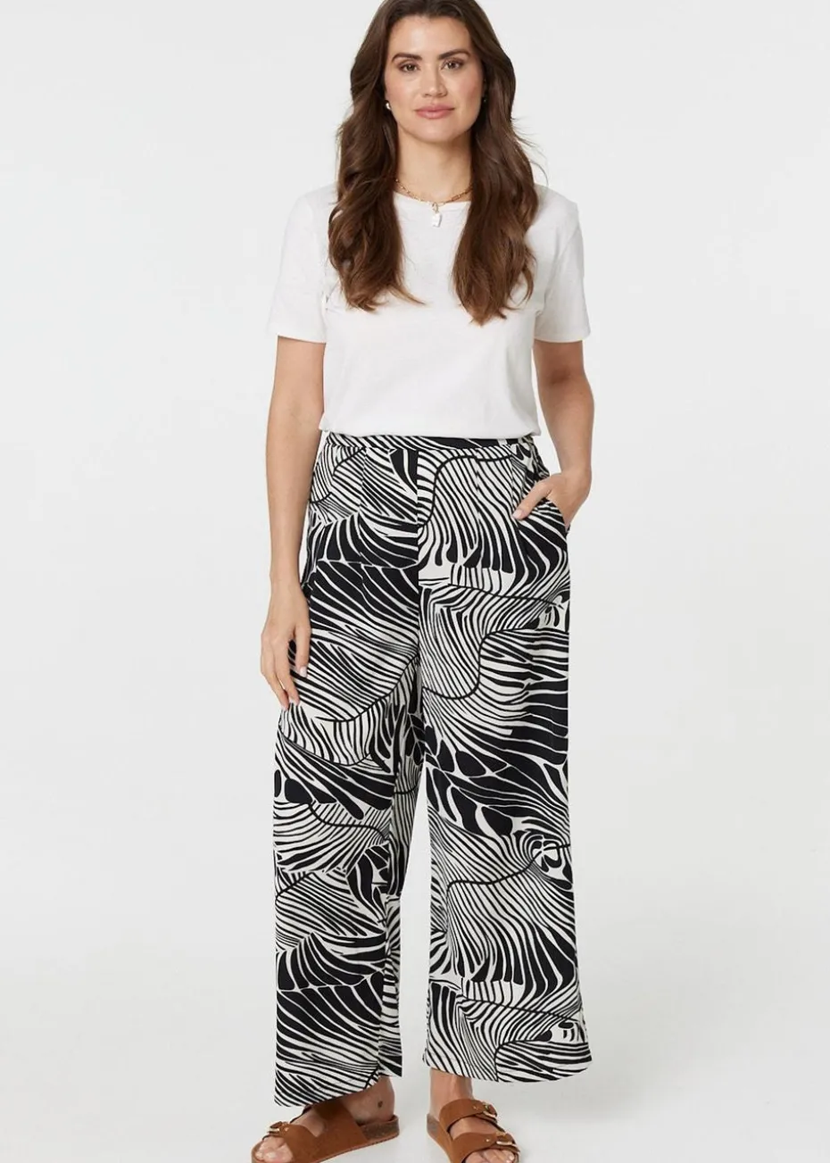 Izabel London Black Printed High Waisted Wide Leg Trousers