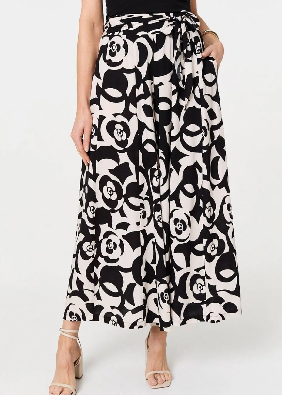 Izabel London Black Printed Wide Leg Tie Waist Trousers