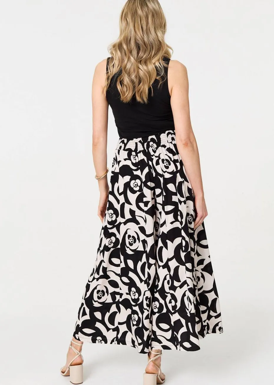 Izabel London Black Printed Wide Leg Tie Waist Trousers