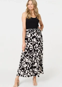Izabel London Black Printed Wide Leg Tie Waist Trousers