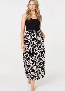 Izabel London Black Printed Wide Leg Tie Waist Trousers