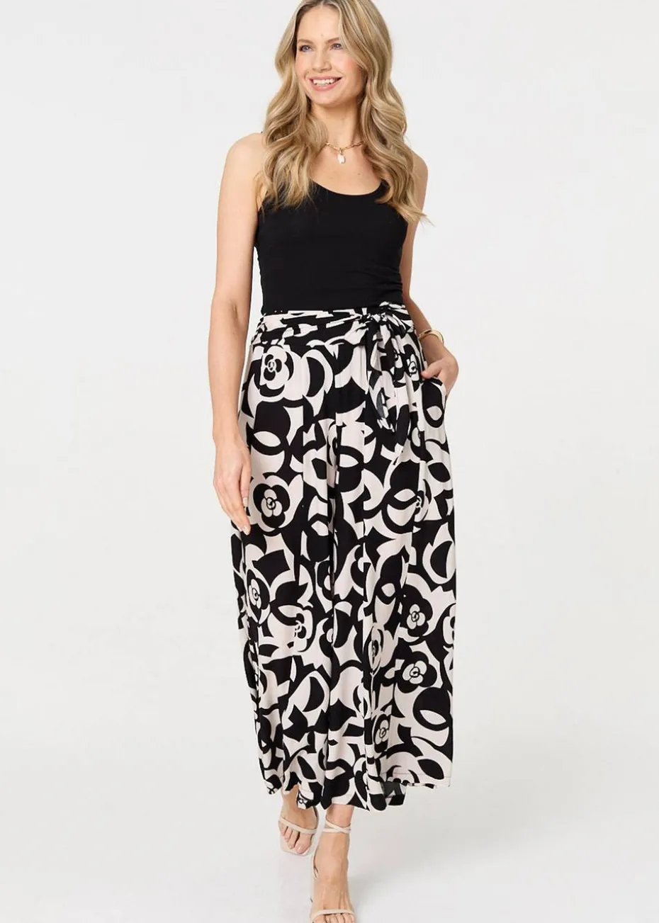 Izabel London Black Printed Wide Leg Tie Waist Trousers