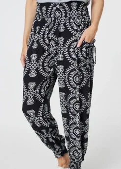 Izabel London Black Printed Smocked Waist Harem Pants