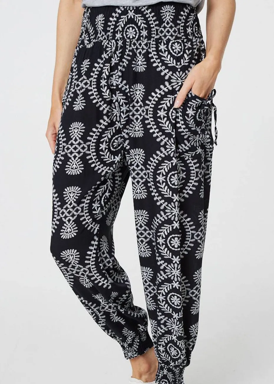 Izabel London Black Printed Smocked Waist Harem Pants