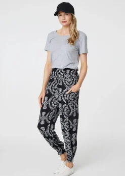 Izabel London Black Printed Smocked Waist Harem Pants