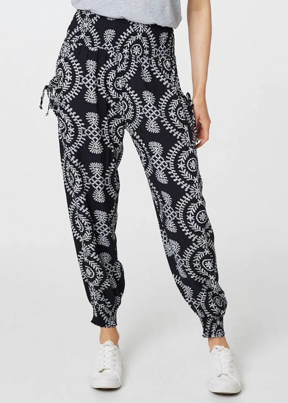 Izabel London Black Printed Smocked Waist Harem Pants