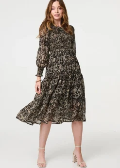 Izabel London Black Printed Semi Sheer Smock Midi Dress