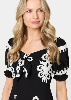 Izabel London Black Printed Puff Sleeve Tie Front Midi Dress