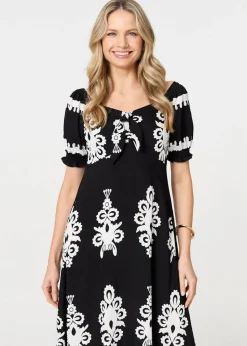 Izabel London Black Printed Puff Sleeve Tie Front Midi Dress