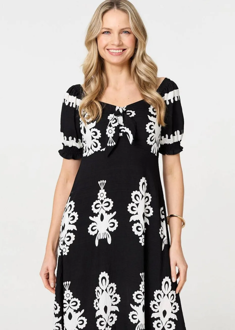 Izabel London Black Printed Puff Sleeve Tie Front Midi Dress