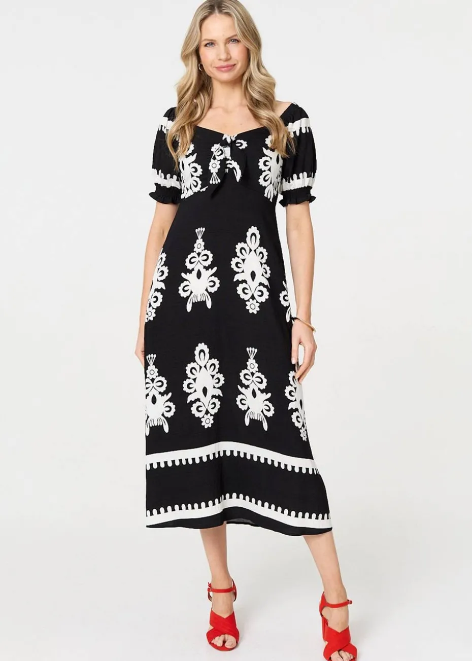 Izabel London Black Printed Puff Sleeve Tie Front Midi Dress