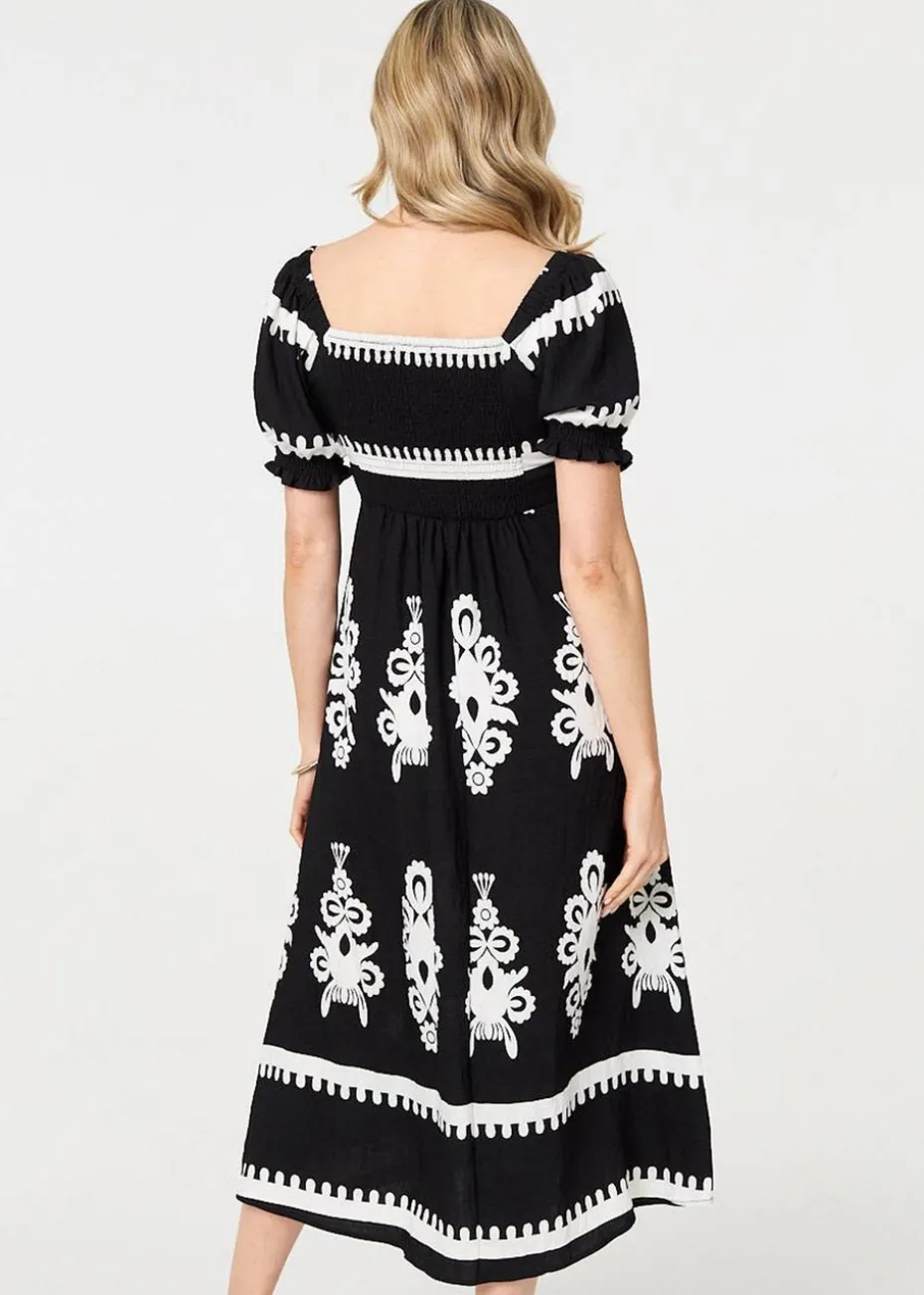 Izabel London Black Printed Puff Sleeve Tie Front Midi Dress