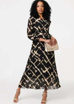 Izabel London Black Printed Long Sleeve Tie Waist Maxi Dress