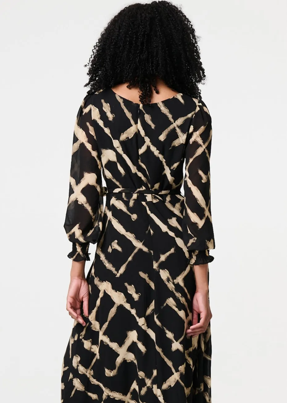 Izabel London Black Printed Long Sleeve Tie Waist Maxi Dress
