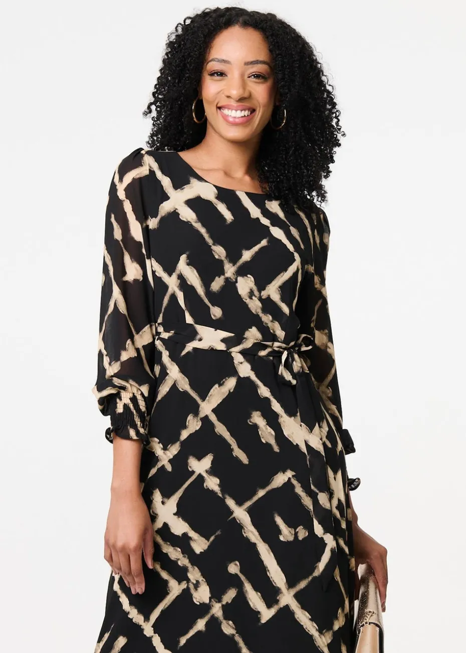 Izabel London Black Printed Long Sleeve Tie Waist Maxi Dress
