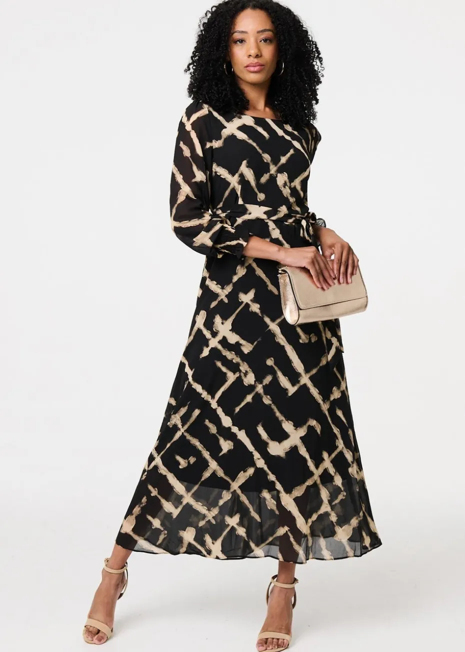 Izabel London Black Printed Long Sleeve Tie Waist Maxi Dress