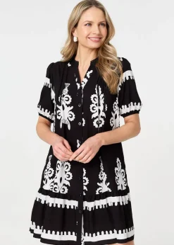 Izabel London Black Printed Lace Trim Relaxed Short Shirt Dress
