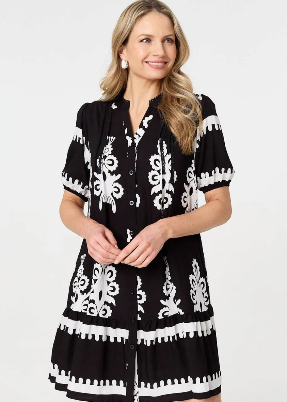 Izabel London Black Printed Lace Trim Relaxed Short Shirt Dress