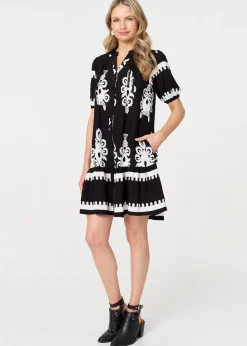 Izabel London Black Printed Lace Trim Relaxed Short Shirt Dress