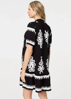 Izabel London Black Printed Lace Trim Relaxed Short Shirt Dress
