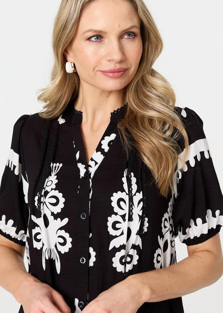 Izabel London Black Printed Lace Trim Relaxed Short Shirt Dress