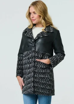 Izabel London Black Printed Faux Leather Trim Teddy Jacket