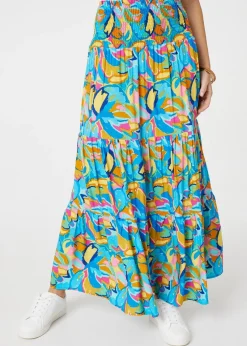 Izabel London Blue Abstract Shirred High Waist Maxi Skirt