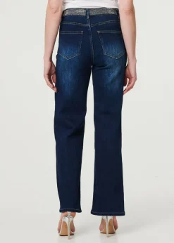 Izabel London Blue Diamante Stud High Waist Straight Jeans