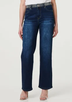 Izabel London Blue Diamante Stud High Waist Straight Jeans