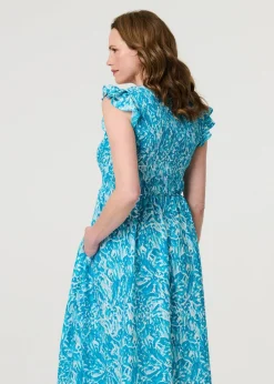 Izabel London Blue Floral Ruffled Cap Sleeve Midi Dress