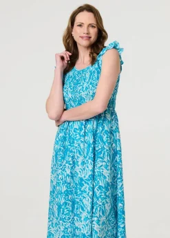 Izabel London Blue Floral Ruffled Cap Sleeve Midi Dress
