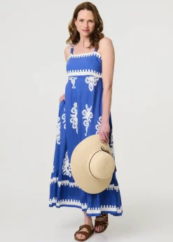 Izabel London Blue Ikat Print Sleeveless A-Line Maxi Dress