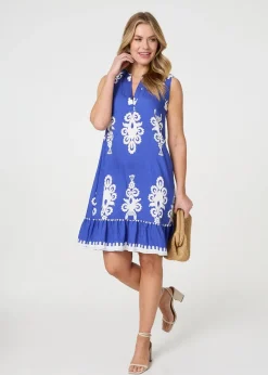Izabel London Blue Ikat Print Sleeveless Short Shift Dress
