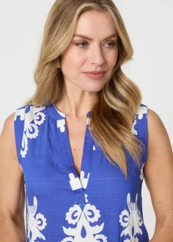 Izabel London Blue Ikat Print Sleeveless Short Shift Dress