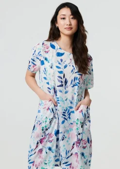 Izabel London Blue Leaf Print Pocket Front Short Shift Dress