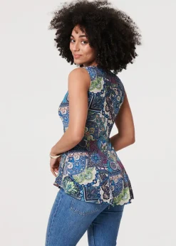 Izabel London Blue Paisley Sleeveless Round Neck Top