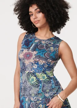 Izabel London Blue Paisley Sleeveless Round Neck Top