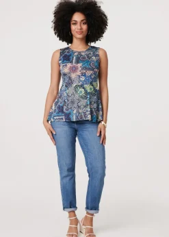 Izabel London Blue Paisley Sleeveless Round Neck Top