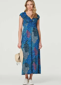 Izabel London Blue Peacock Print V-Neck Maxi Dress