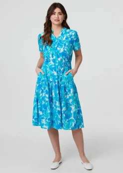 Izabel London Blue Printed Short Sleeve Tie Waist Midi Dress